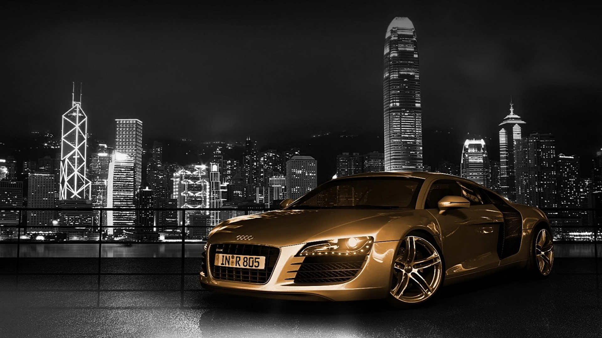 wallaper hd Audi A8 con un fondo de ciudad nocturna